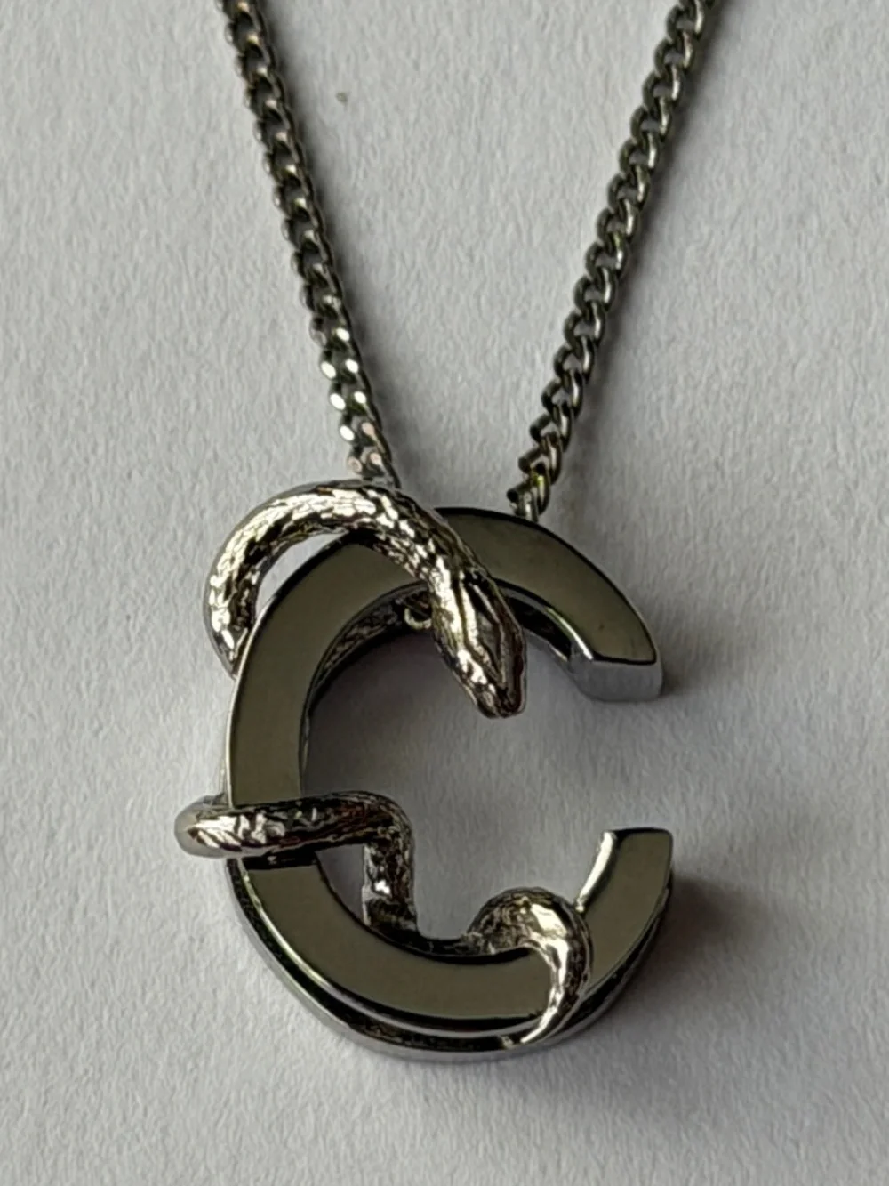 Saint Laurent YSL Sterling Silver C Initial Letter Snake Pendant Chain Necklace
